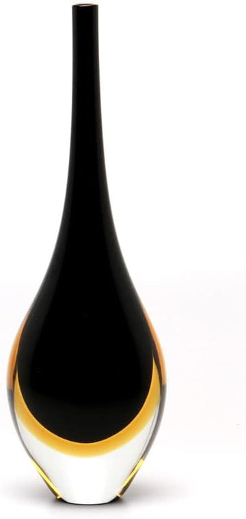 Murano Style Art Glass Drop Vase Hand Blown Black and Amber Home Decor