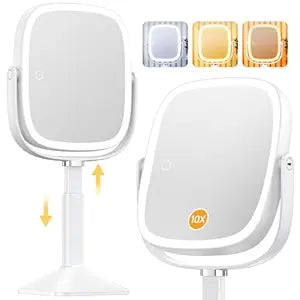Rectangle Lighted Makeup Mirror with Magnification, 10X Magnifying Mirror with Lights 3 Color, Height Adjustable and