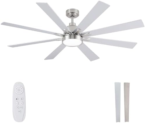 62" Ceiling Fan with LED Light and Remote - White / Light Natural Wood