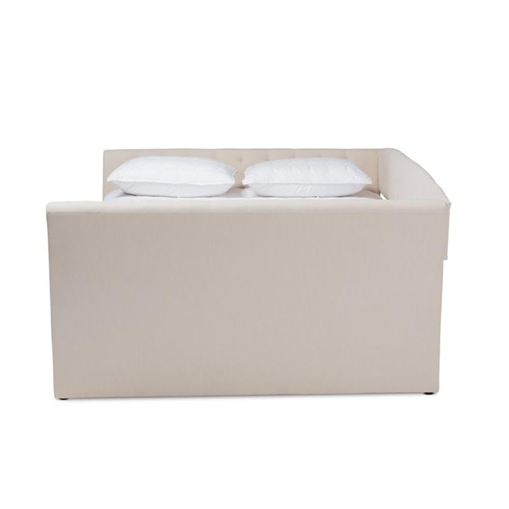Delora Modern and Contemporary Beige Fabric Upholstered Queen Size Daybed with Roll-Out Trundle Bed