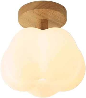 Nordic Cotton Flower Puffy Cloud Semi Flush Mount LED Ceiling Light Natural Solid Wood Base 3 Color Dimmable PE Shade