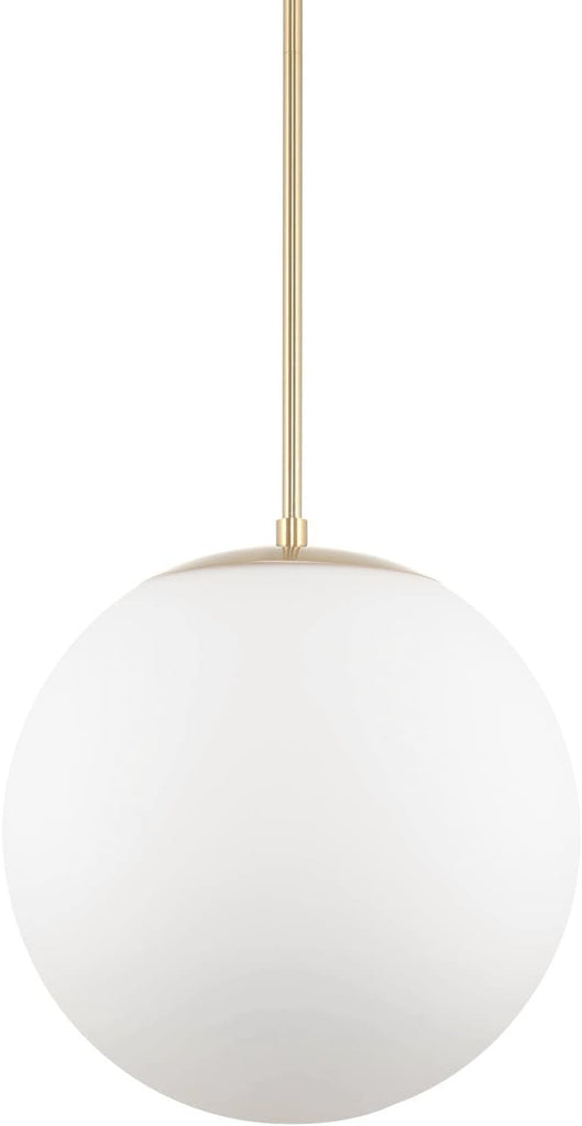 Ceres 14" Mid Century Modern Globe Pendant Light, Minimalist White Frosted Glass Orb Hanging Lamp, Cool Brass Finish