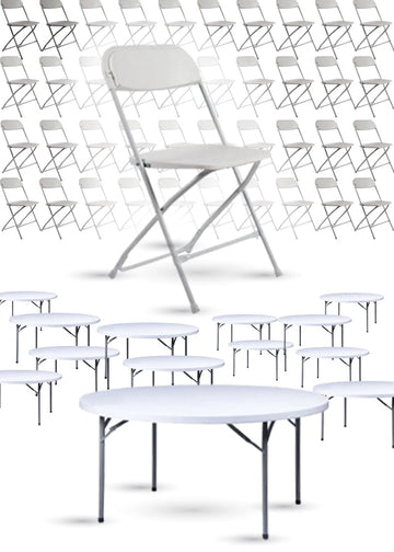 100 Person Value Event Package: 100 Folding Poly Chairs + 12 Heavy Duty Plastic 60" Round Folding Tables