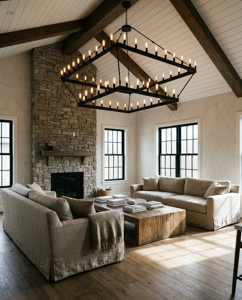 Camino two-tier square chandelier in modern farmhouse living room