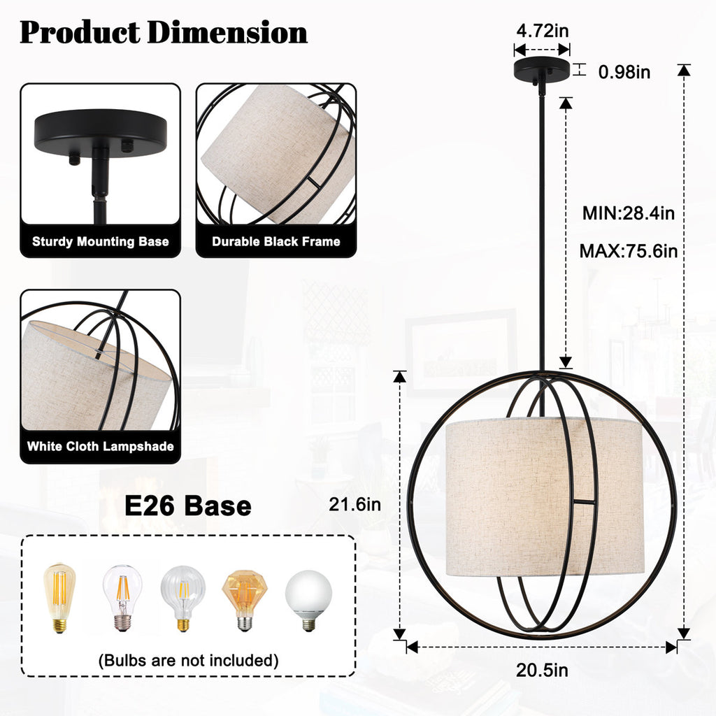 4-Light 20 Inch Boho Drum Chandelier With Fabric Shade Modern Pendant Light Fixture For Kitchen, Living Room, Dining Room, Bedroom, And Foyer