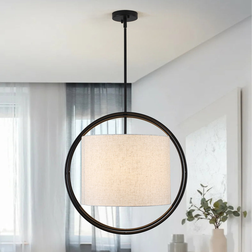 4-Light 20 Inch Boho Drum Chandelier With Fabric Shade Modern Pendant Light Fixture For Kitchen, Living Room, Dining Room, Bedroom, And Foyer
