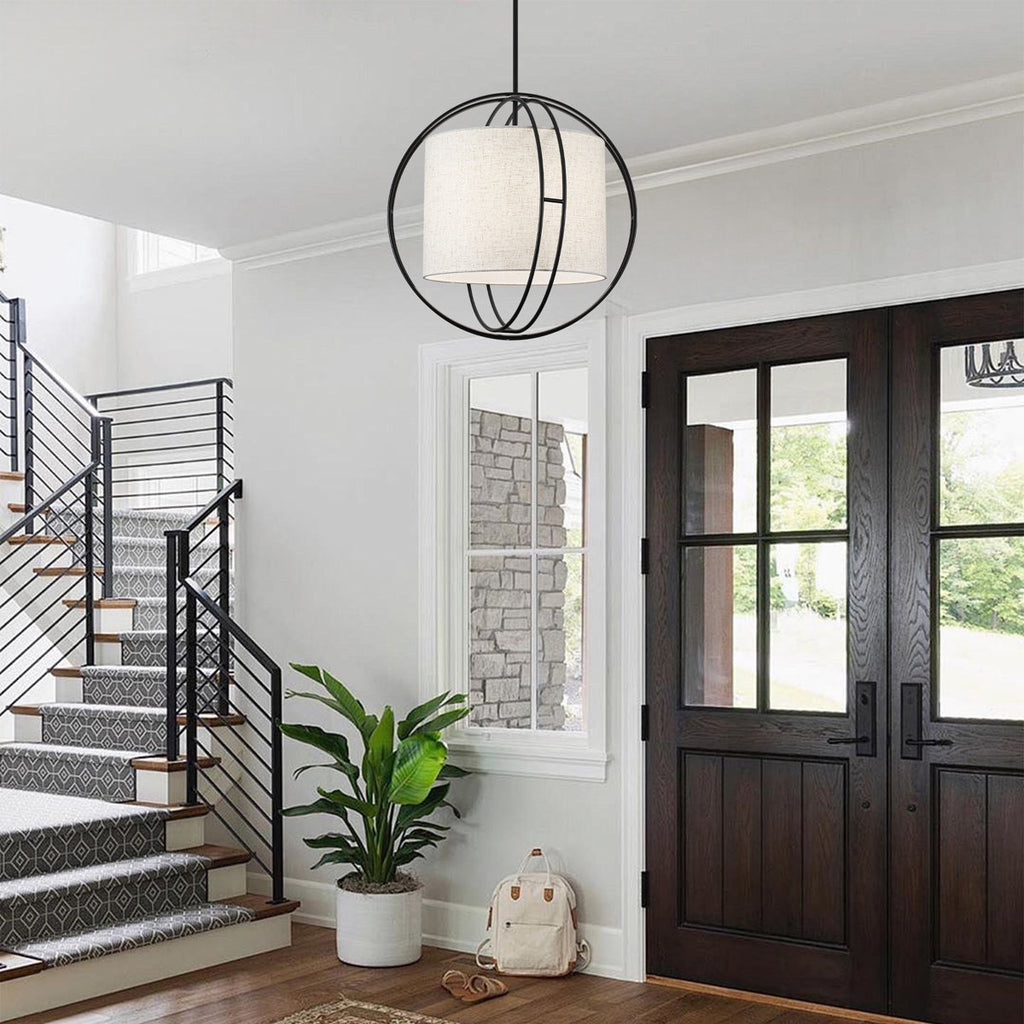 4-Light 20 Inch Boho Drum Chandelier With Fabric Shade Modern Pendant Light Fixture For Kitchen, Living Room, Dining Room, Bedroom, And Foyer