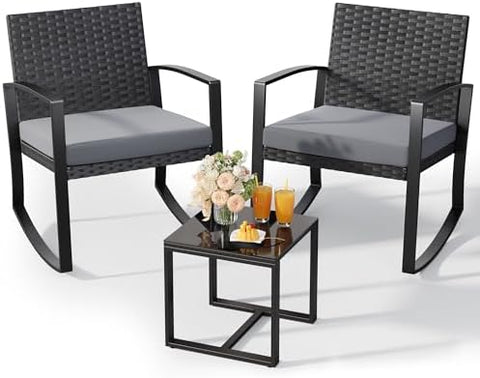 3-Piece Rattan Outdoor Patio Furniture Set - Rocking | Grey for Backyard, Garden & Porch