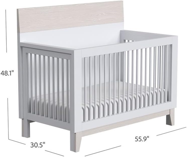 Modern Wood Convertible Crib, Ash Linen White Finish, 48" H x 56" W x 30.5" D, Three Height Adjustments, Steel Spring