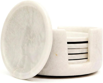 Marble Coasters with Holder, 3.5 Inch Round Drink Coasters for Tabletop and Coffee Table Decor, White - Set of 6