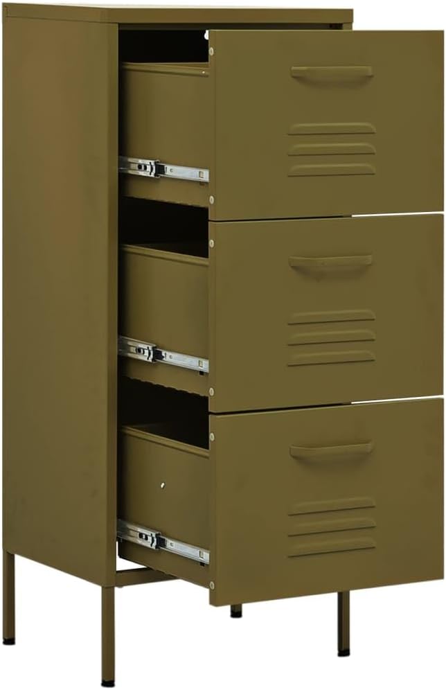 Olive Green Storage Cabinet, 3Drawer Steel Organizer , Metal Accent Chest with Adjustable Feet and Ball-Bearing