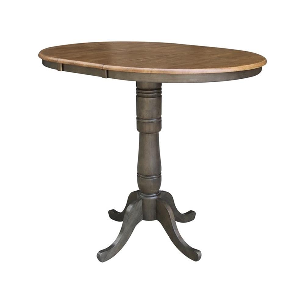 36" Round Wood Bar Height Dining Table with 12" Leaf in Hickory/Washed Coal