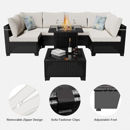 8-Piece Wicker Outdoor Patio Furniture Set - Fire Pit | Beige for Backyard, Garden & Porch