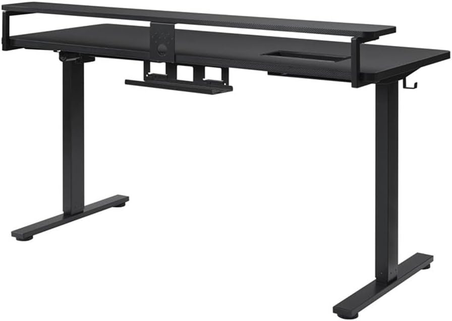 60" Electric Gaming Desk with Hutch, Carbon Fiber Finish, Height Adjustable with Power Lift, Elevated Monitor Shelf