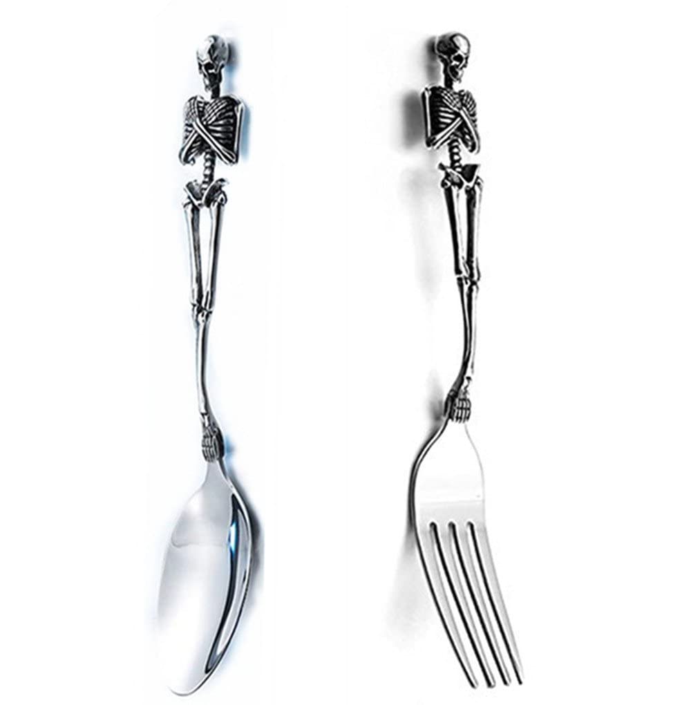 Stainless Steel Skeleton Skull Spoon and Fork Flatware Tableware Design Modern Look Great Gifts For Halloween Easter