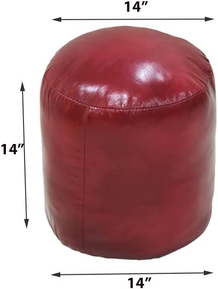 Round Shaped Goat Leather Eco-Friendly Dark Pink Pouf - Round Pouf, 14" x 14"x 14", Plain Solid Pouf, Goat Leather