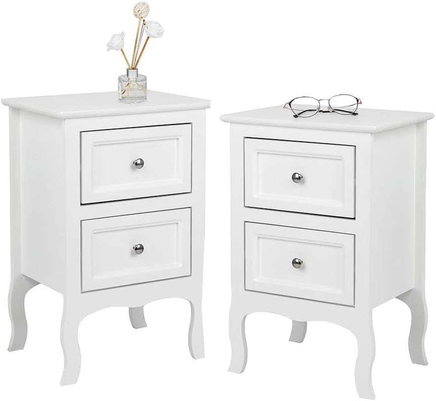 White Nightstand Set of 2, Nightstands with 2 Drawers, Bed Side Table/Night Stand, Small Nightstand , College Dorm