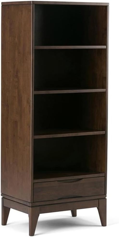 Mid-Century Bookcase, 60" H x 24" W x 16" D, Solid Rubberwood, Walnut Brown Finish, Adjustable Shelves, Drawer with