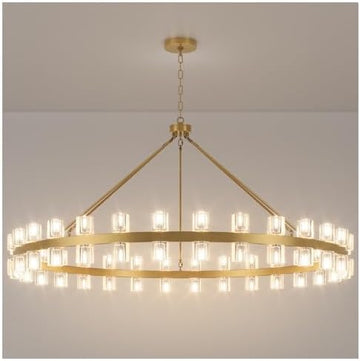 60 Inch Gold Wagon Wheel Chandelier with Crystal Shade, 60 Lights, Modern Farmhouse Style, Ideal for Dining Room, Kitchen, Entryways A117-B0DJ19SS4C