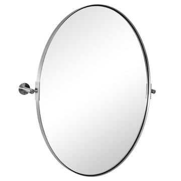 Brushed Nickel Bathroom Mirror, 24 x 32 Inch Oval Pivot Mirror for Wall, Unique Farmhouse Tilt Mirror in Slim Silver