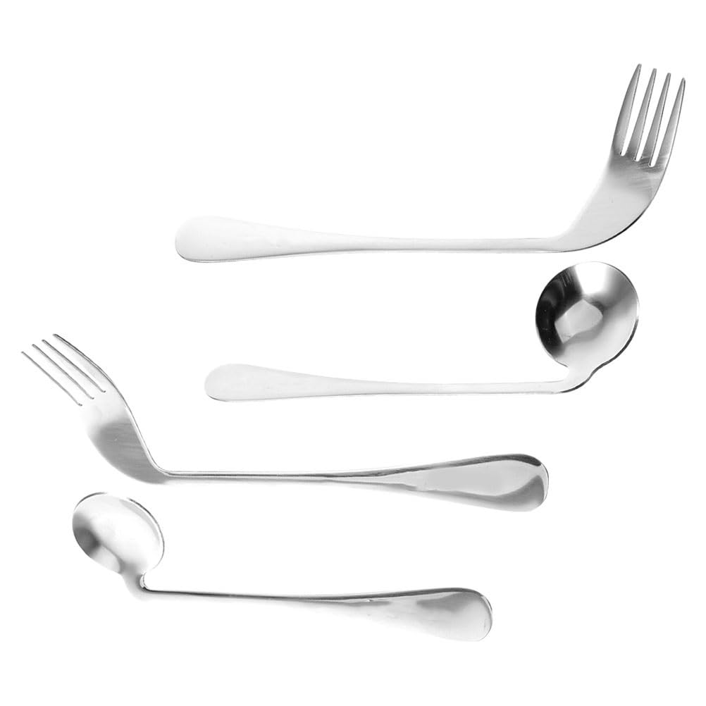 Adaptive Utensils Set for Left & Right Hand - Curved Stainless Steel Spoon and Fork for Elderly, Adults with Tremors