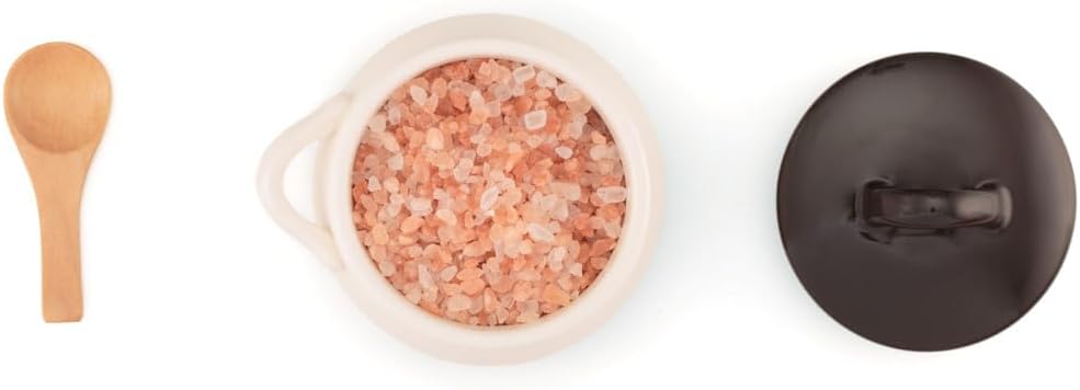 Salt Cellar with Lid and Spoon 10 oz - Handmade Ceramic Salt Keeper with 1.75 inch Lid and 3 inch Bamboo Spoon