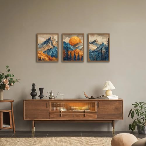 Mountain Wall Art Set of 3 Framed, Abstract Landscape Canvas Print Rainbow Mountain 16x24 Inches