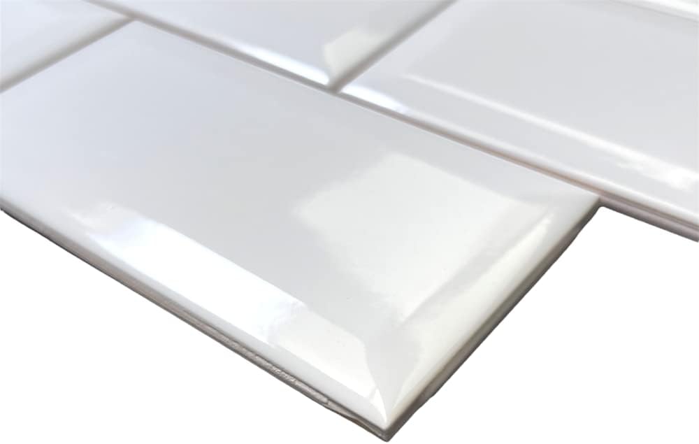 3x6 Bright White Beveled Glossy Ceramic Subway Tile - Wall Tile Backsplash, Bathroom Shower, Accent Walls - Box