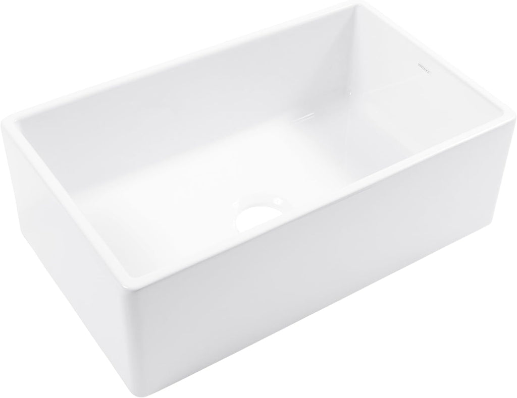 Austen 30 Inch White Fireclay Farmhouse Kitchen Sink, Single Bowl, Apron-Front, Undermount Installation, Fits 33 Inch