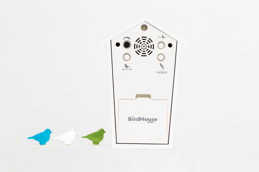 Birdhouse Mini White, Tiny Modern Cuckoo Clock with 12 Natural Bird Songs or Cuckoo Call