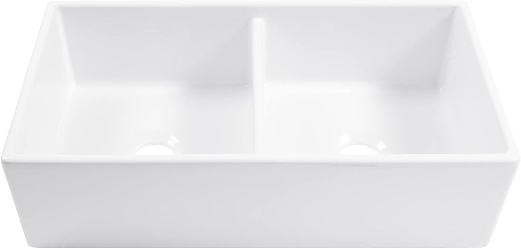Austen 36 in White Fireclay Farmhouse Sink, Double Bowl | Apron front undermount, SureFire chip-resistant glaze