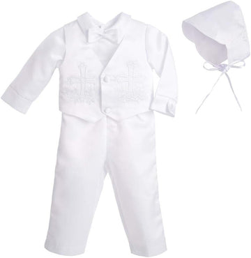 Baby Boys Christening Suit White Baptism Outfits with Bonnet