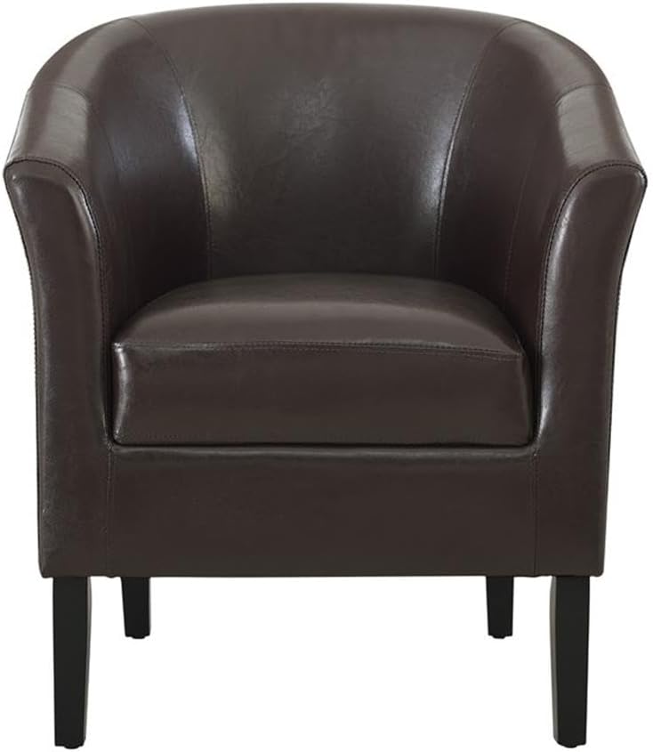 Contemporary Faux Leather Barrel Club Chair, Brown Finish, Rubberwood Frame, Upholstered Vinyl, Flared Armrests