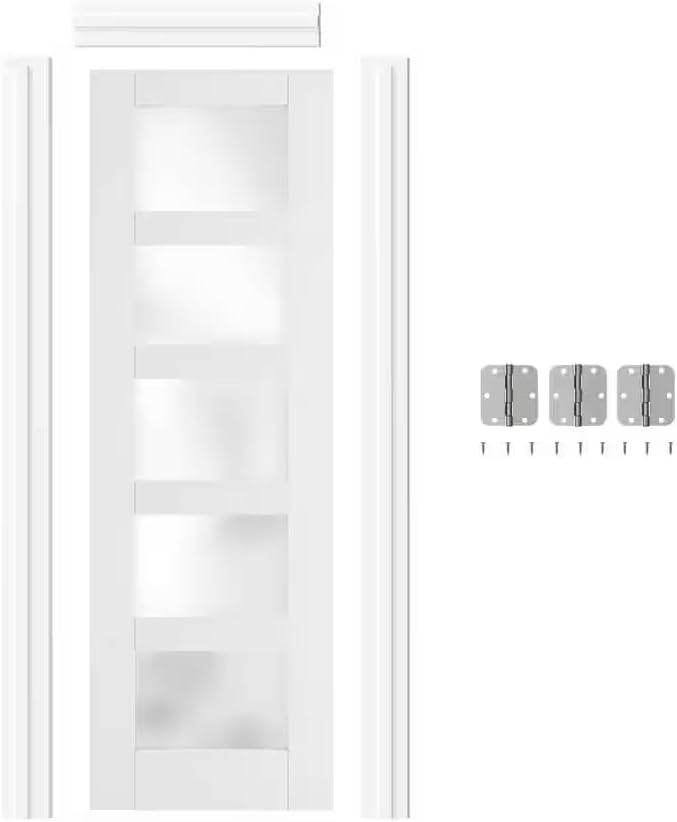 Prehung Interior Door, 32" x 80", 5-Lite Frosted Glass, Prehung Door, Right-Handed, White MDF with Door Jamb & Hardware Kit