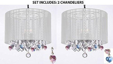 Set Of 2 - Crystal Chandeliers Chandelier With Large White Shade And Sapphire Blue & Pink Crystal Hearts Perfect For Living Room Dining Room Kitchen Kid'S Bedroom - 2Ea G7-B85/B21/White/26028/3