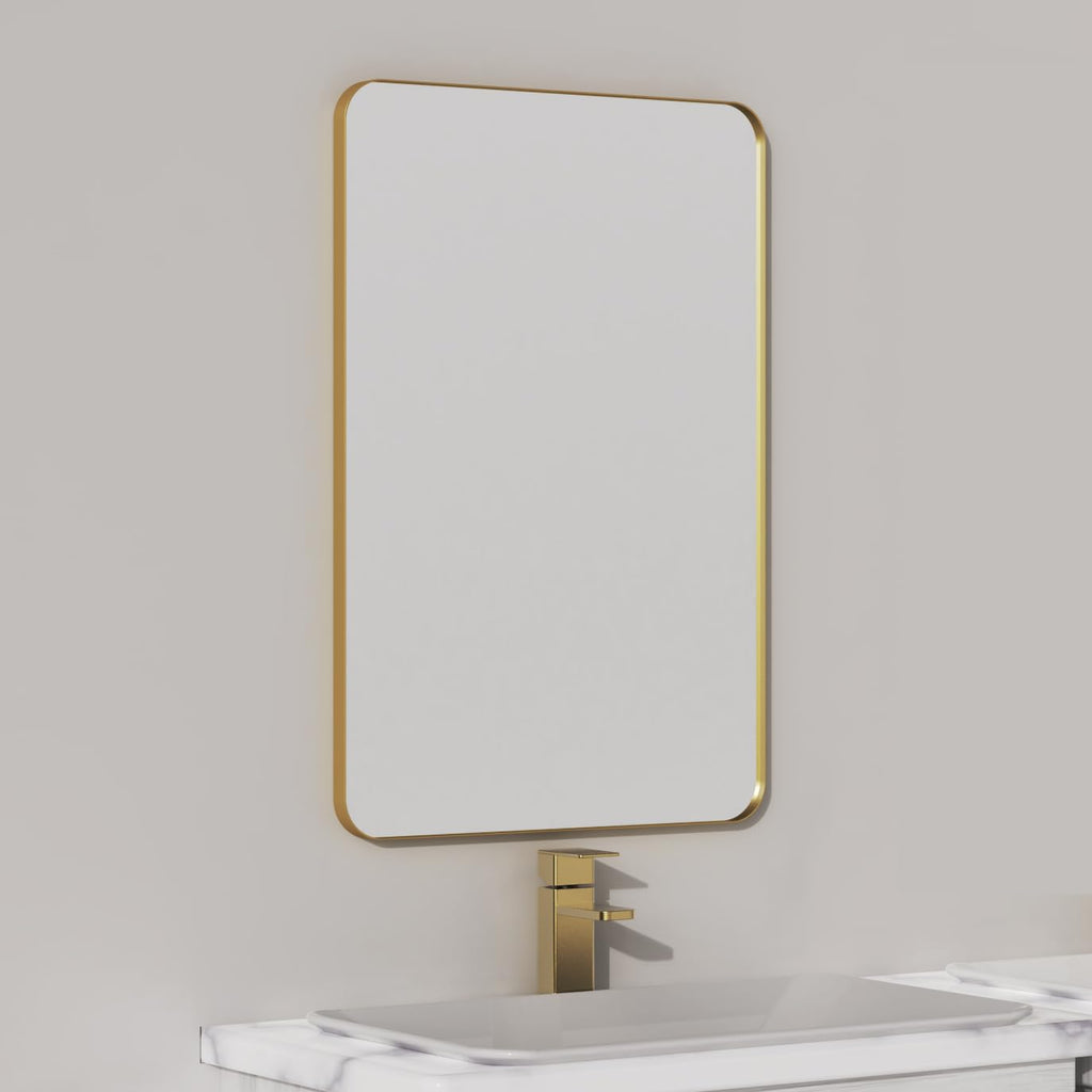 Gold Bathroom Mirror for Wall, 24 x 36 Inch Metal Framed Rounded Rectangle Vanity Mirror Modern Farmhouse, 1/4-inch