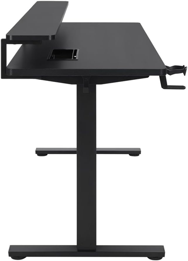 60 Inch Electric Height Adjustable Gaming Desk, Black Carbon Fiber Finish, Hutch with Elevated Monitor Shelf, Steel