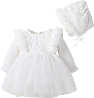 Toddler Baby Girl Long Sleeve Fall Dress Flower Lace Wedding First Birthday Baptism Christening Dresses with Hat