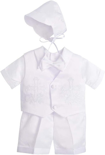 Baby Boys Christening Clothing Baptism Outfits with Bonnet Short Long Sleeve White Suit