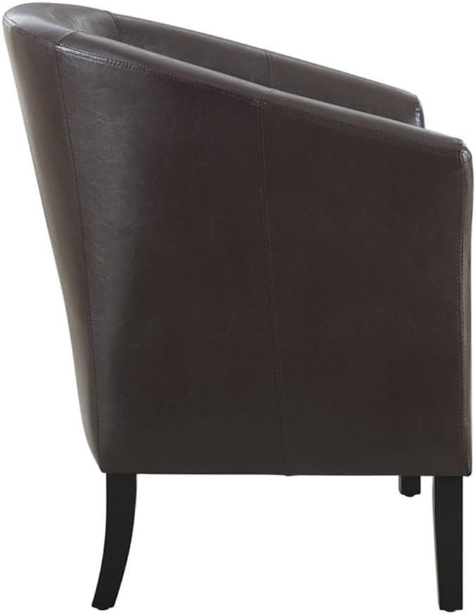 Contemporary Faux Leather Barrel Club Chair, Brown Finish, Rubberwood Frame, Upholstered Vinyl, Flared Armrests