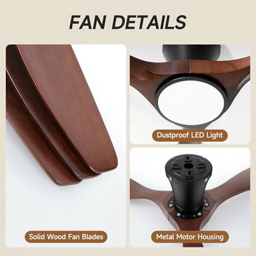 42 Inch Wood Flush Mount Ceiling Fan with Dimmable LED Light and Remote - Solid Walnut Blades, Quiet DC Motor