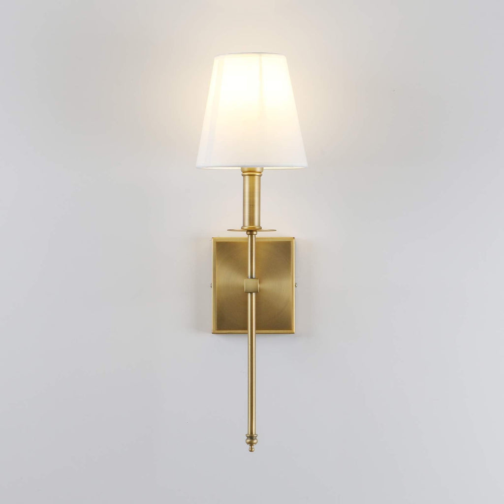 Set of 2 Classic Rustic Industrial Wall Sconce Lighting Fixture with Flared White Textile Lamp Shade and Antique