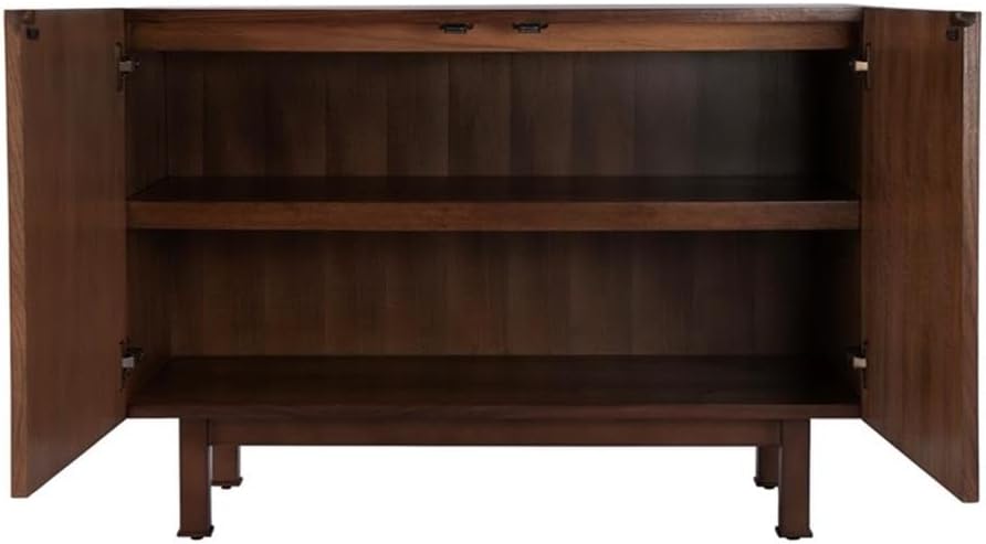 Mid-Century 2-Door Wood Storage Cabinet, Heritage Brown Finish, Walnut, Oak, Sapele Veneer, Metal Base, 40"x18"x28"
