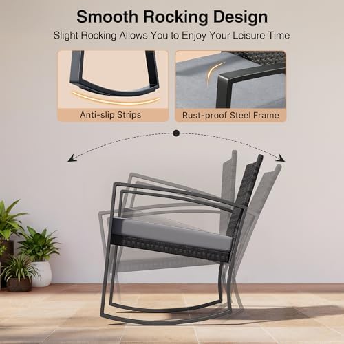 3-Piece Rattan Outdoor Patio Furniture Set - Rocking | Grey for Backyard, Garden & Porch