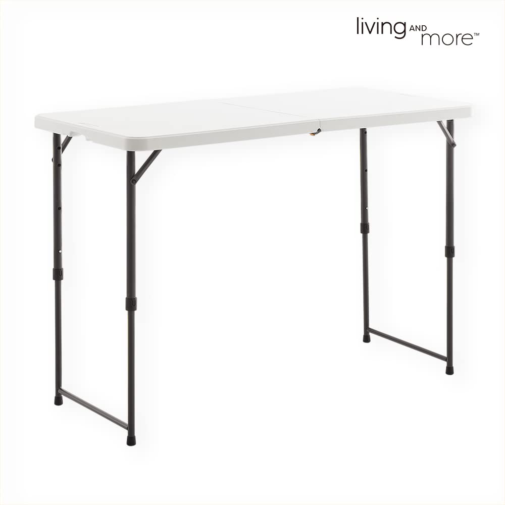 4 Foot Height Adjustable Fold-in-Half Table with Carrying Handle, Easy Folding and Storage, Indoor Outdoor Use