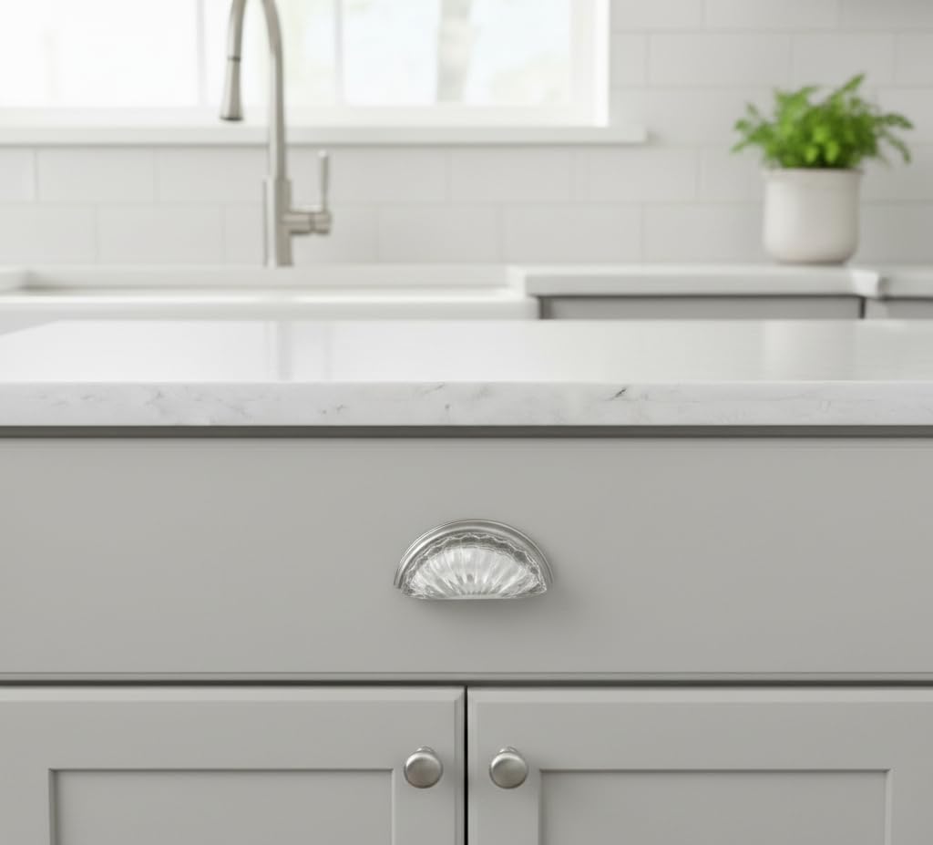 5 Pack 6381SN-C Satin Nickel with Clear Glass Cabinet Cup Pull - 3" Hole Centers