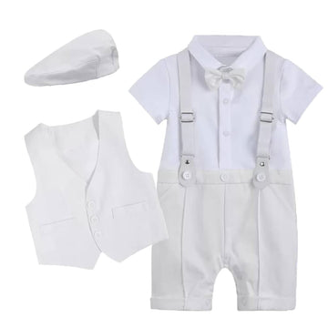 Baby Boy Gentleman White Shirt Waistcoat Bowtie Tuxedo Jumpsuit Overall Romper Formal Suit Infant Birthday Wedding