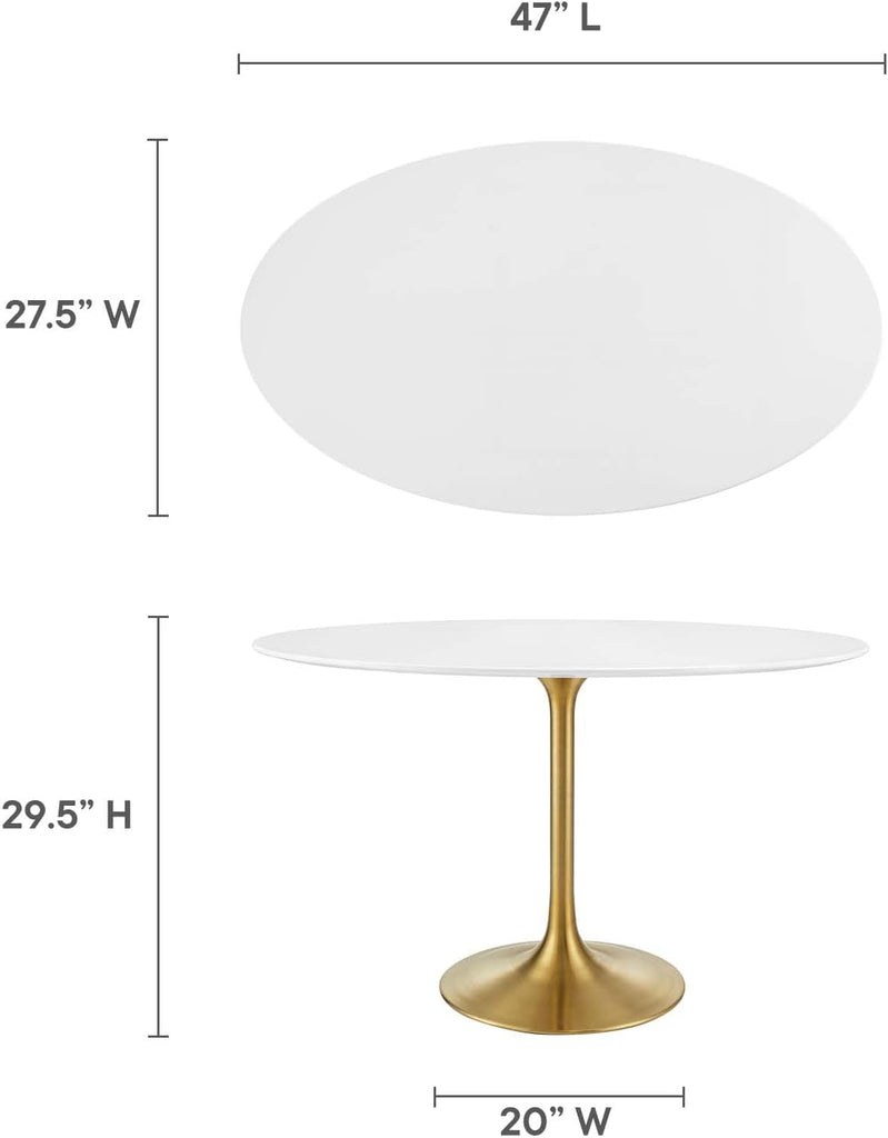 Inspired Tulip Style Oval Pedestal Dining Table — Gold Base / White Top, 48″ Oval
