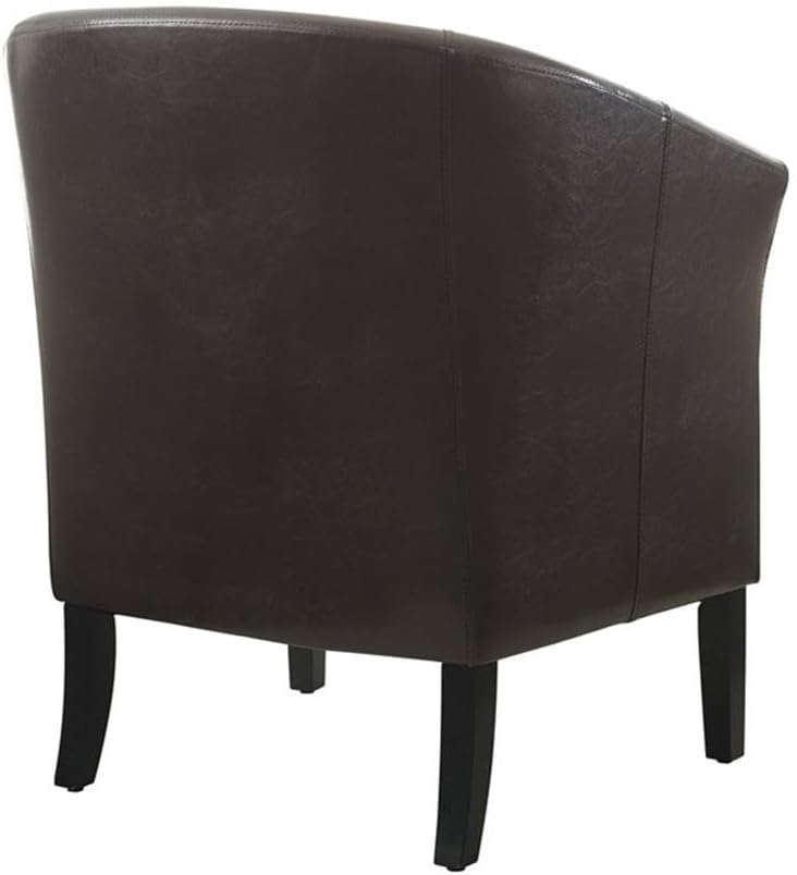 Contemporary Faux Leather Barrel Club Chair, Brown Finish, Rubberwood Frame, Upholstered Vinyl, Flared Armrests