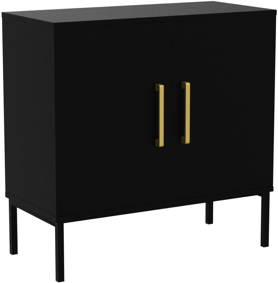 Set of 2 Storage Cabinets with Adjustable Shelf and Gold Handle, Black丨Buffet Cabinet with Storage, Accent Cabinet